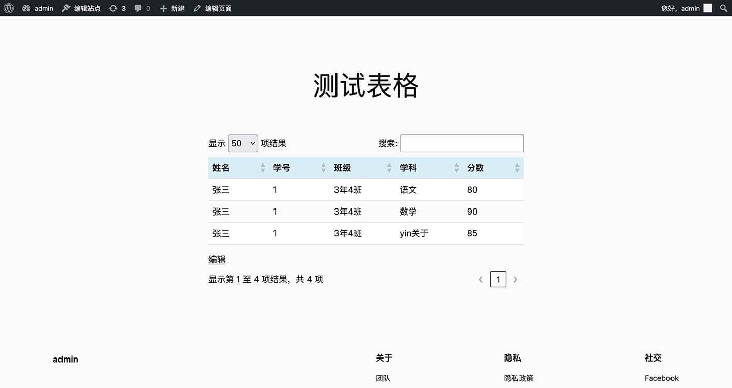 打开页面查看 TablePress 表格