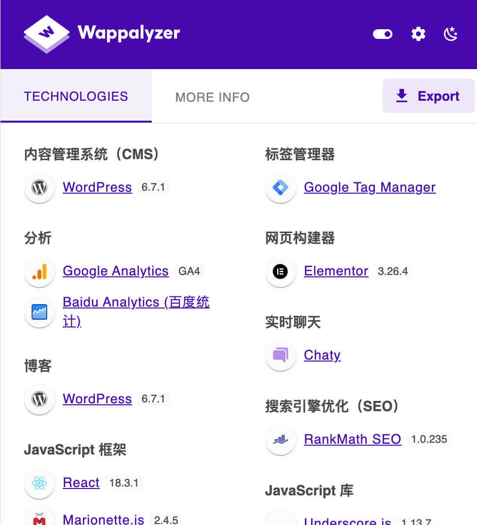 wappalyzer 网站监测结果