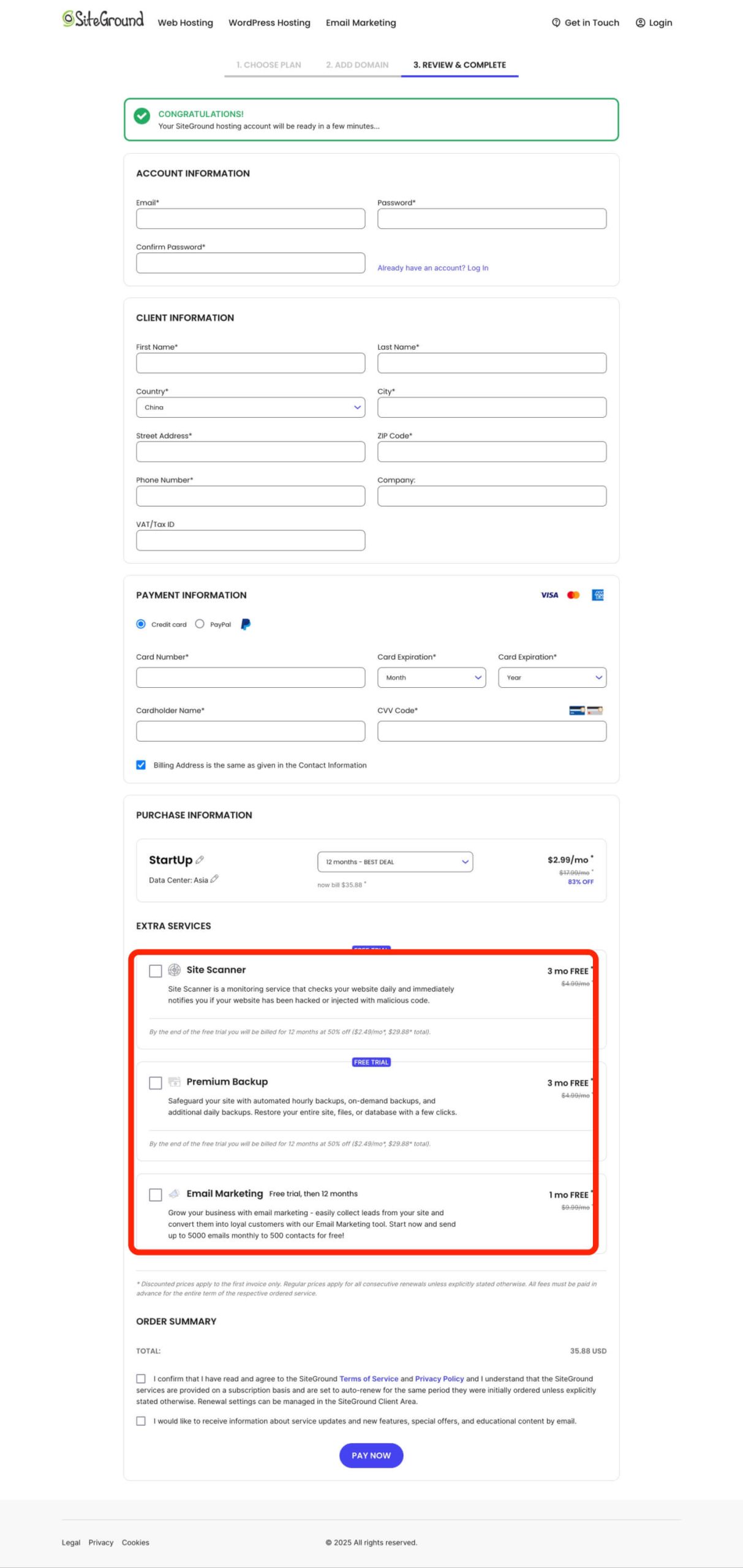 siteground 填写个人信息和支付信息